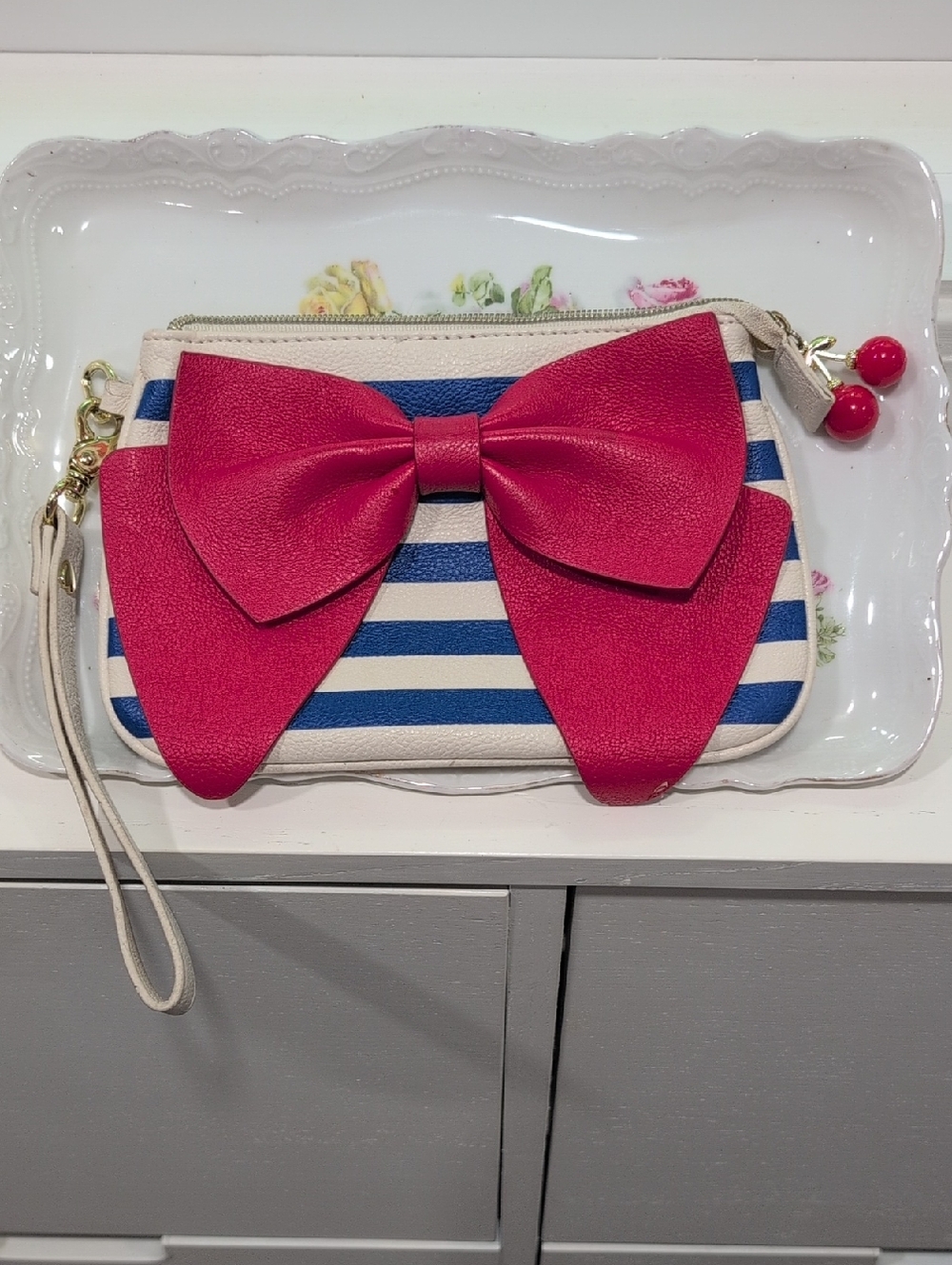 Betsey Johnson Blue And White Striped Wristlet With Red bow And Cherry Zipper